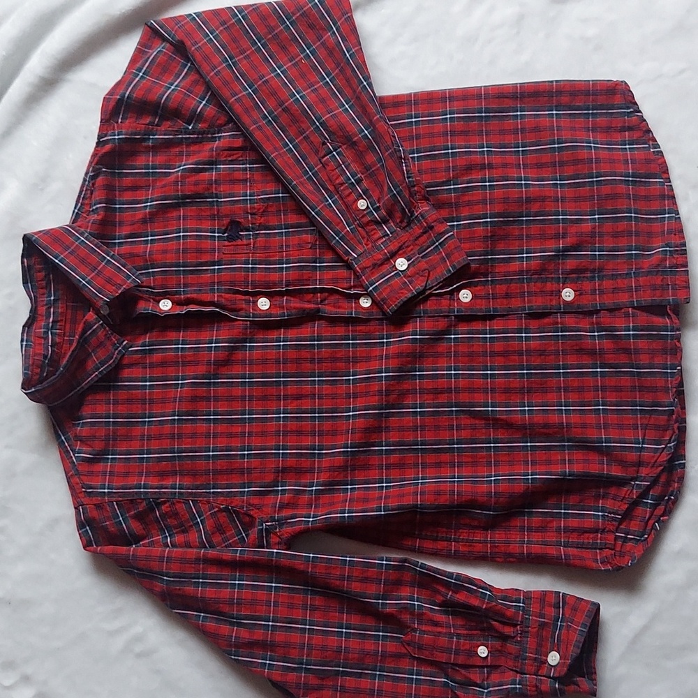 Excellent condition Old Navy Boys Large Red White and Green Plaid Button up